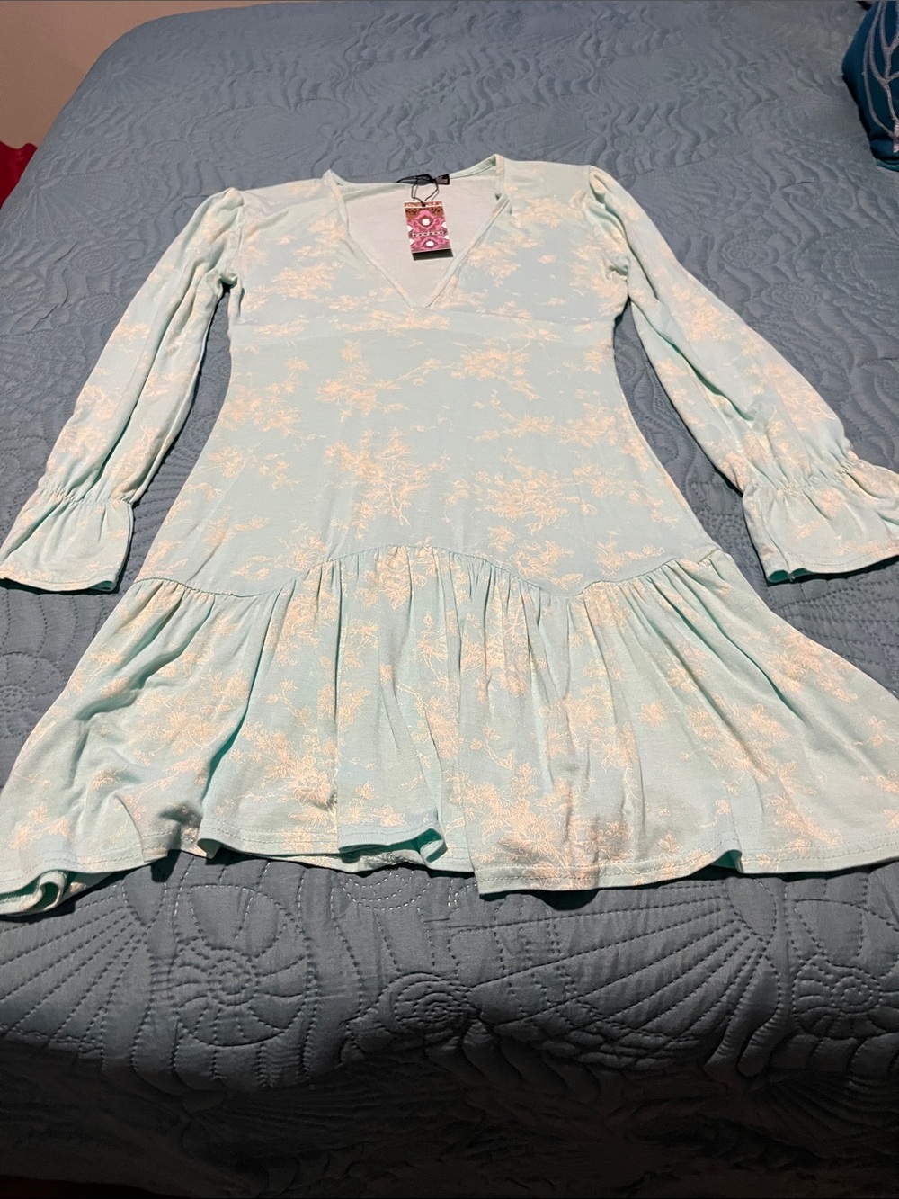 Boohoo Mint Floral V-Neck Ruffle Hem Dress
